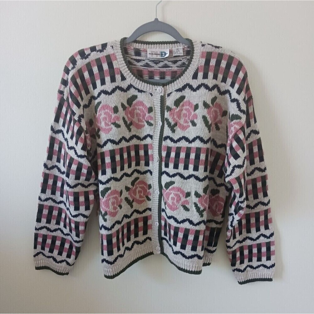 Vintage Paul Harris Design Cardigan Sweater Geometric Beige Pink Size‎ M